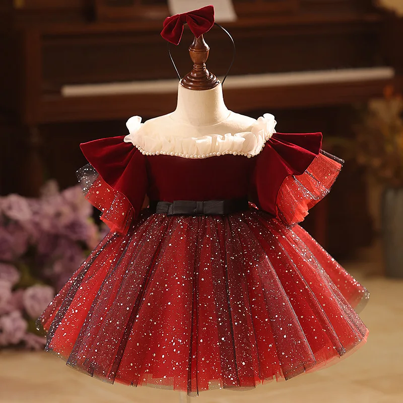 

Красное бархатное праздничное платье для маленьких девочек, сетчатое платье на осень-зиму, Рождество, Новый год, детское платье принцессы для детей 1-10 лет