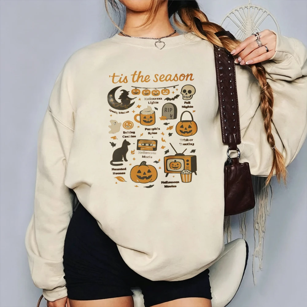 Halloween Crewneck Sweatshirt Witch Ghost Pumpkin Black Cat Skull Retro Fall Holiday Element Graphic Print Pullover Sweatshirt