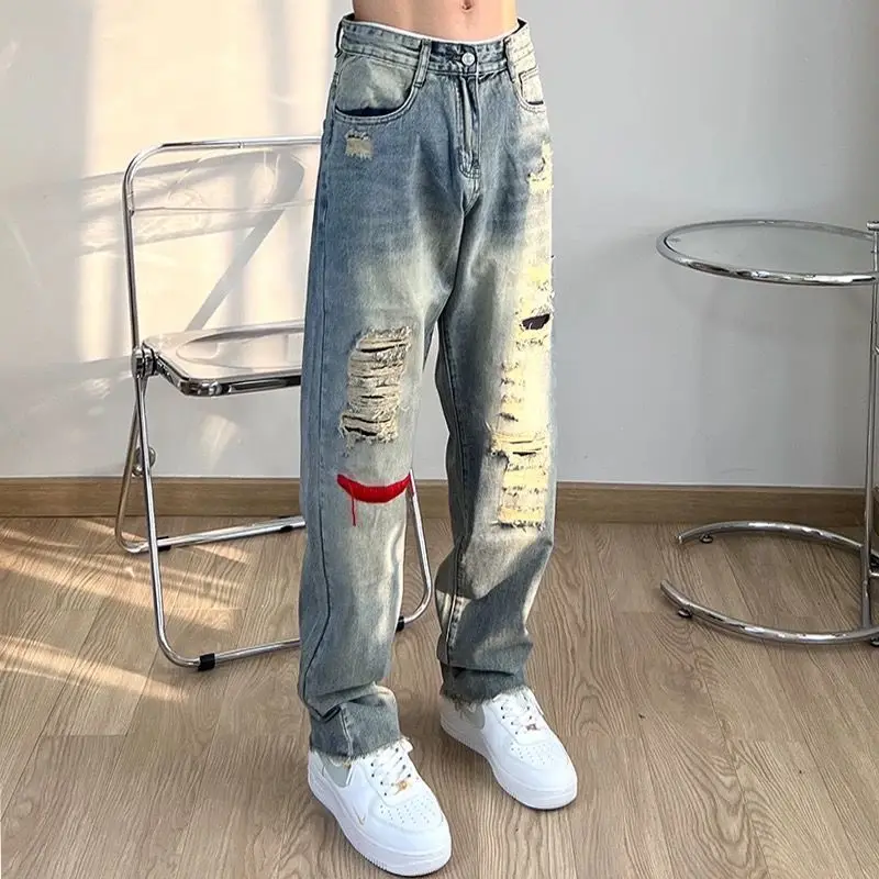 

Foufurieux Spring Autumn Harajuku Ripped Frayed Hole Blue Washed Jeans Pants Men Pockets Streetwear Casual Baggy Denim Trousers
