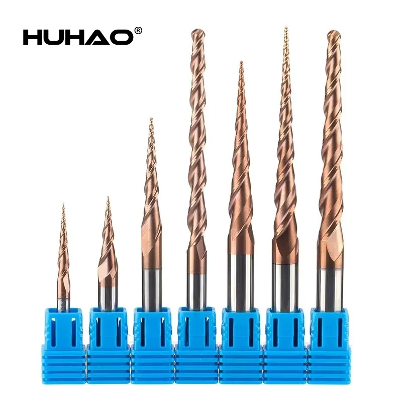 HUHAO Carbide Ball Nose Router Bit CNC Tapered End Mills 2 Flutes HRC55 Milling Cutters Endmill Wood Metal Engraving Tool