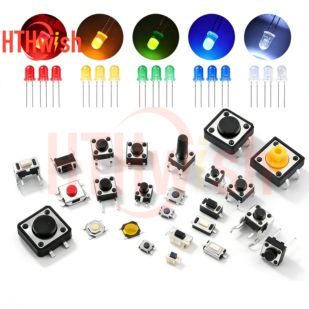 225PCS 5mm LED Diode + Tactile Push Button Switch Kit, Manual Control, for DIY Electronic Project Toy Modification