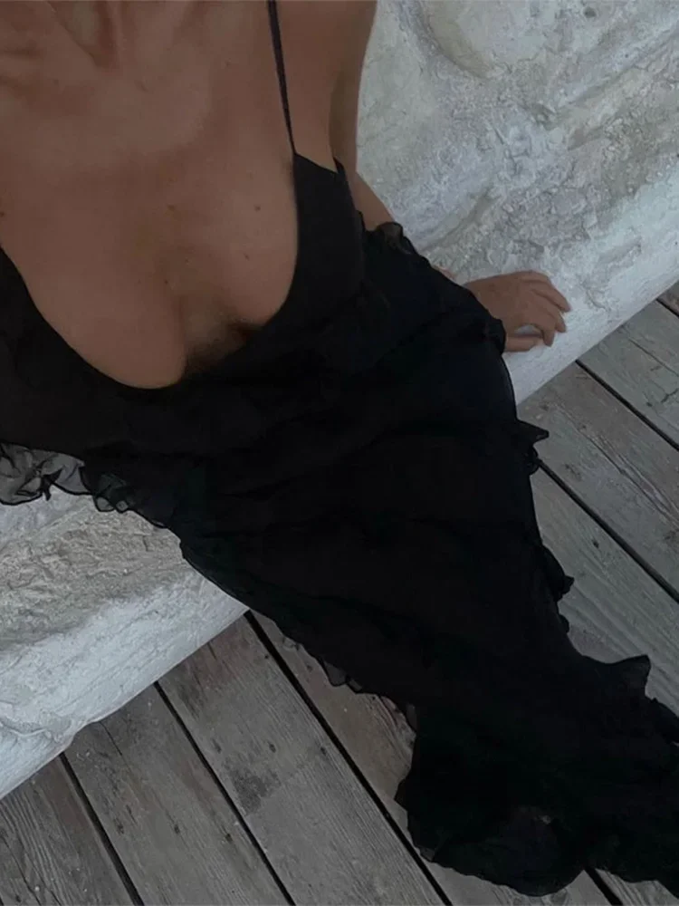 Women Black Stacked Ruffle Hem Long Dress sexy Sleeveless Backless Chiffon V-Neck Dresses 2024 New Lady Vacation Vestidos