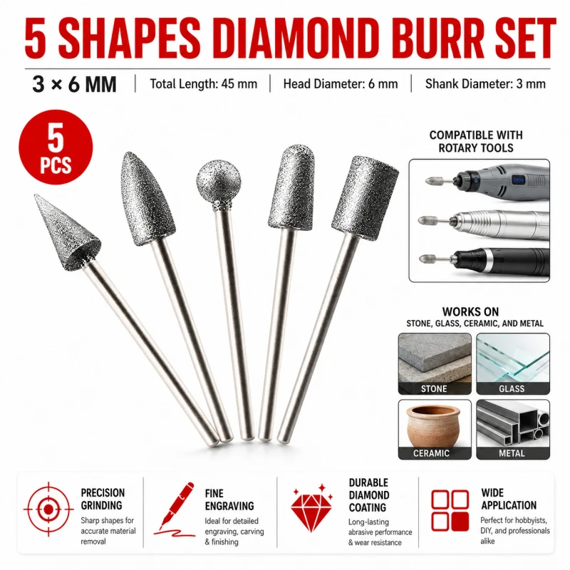 5Pcs Grout Cleaning Pen Set for Tile, Diamond Grinding Head Black Edge Remover, No-Chip Grout Repair Tool with New Pen Handle