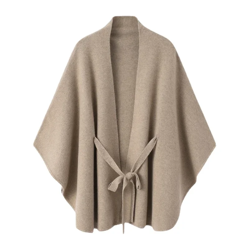 Capes & Ponchos 100% Cashmere Sweater Women Winter Warm Soft High Quality Luxury Belt Thick Batwing Sleeve V-Neck Poncho