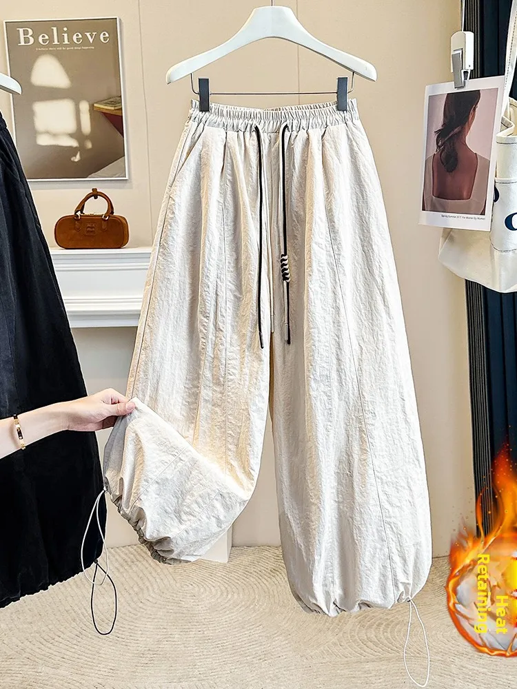 True plus Size Quick Dry Wide Leg Pants Women Winter Hide Meat Slimming Casual Pants Two Wear Cuffed Pants High Waist Cotton