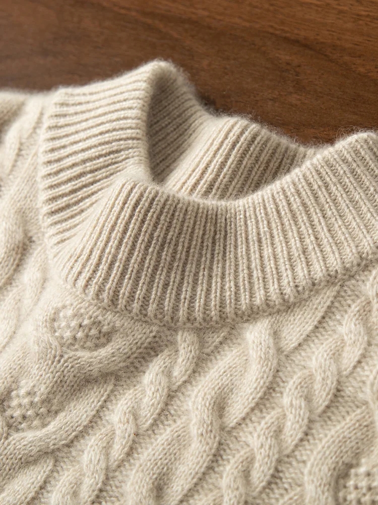 100% Pure Cashmere Sweater Men's Thickened Warm Half Turtle Neck Twisted Flower Sweater Fashionable Business Casual Base Shirt