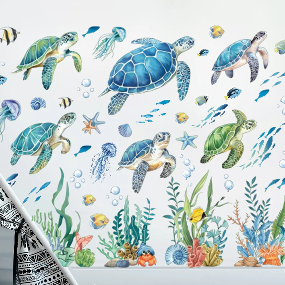 Grandes tortugas marinas bajo el mar, algas marinas, medusas de Coral, pegatinas de pared, calcomanías para guardería de bebé, baño, sala de estar, decoración del hogar