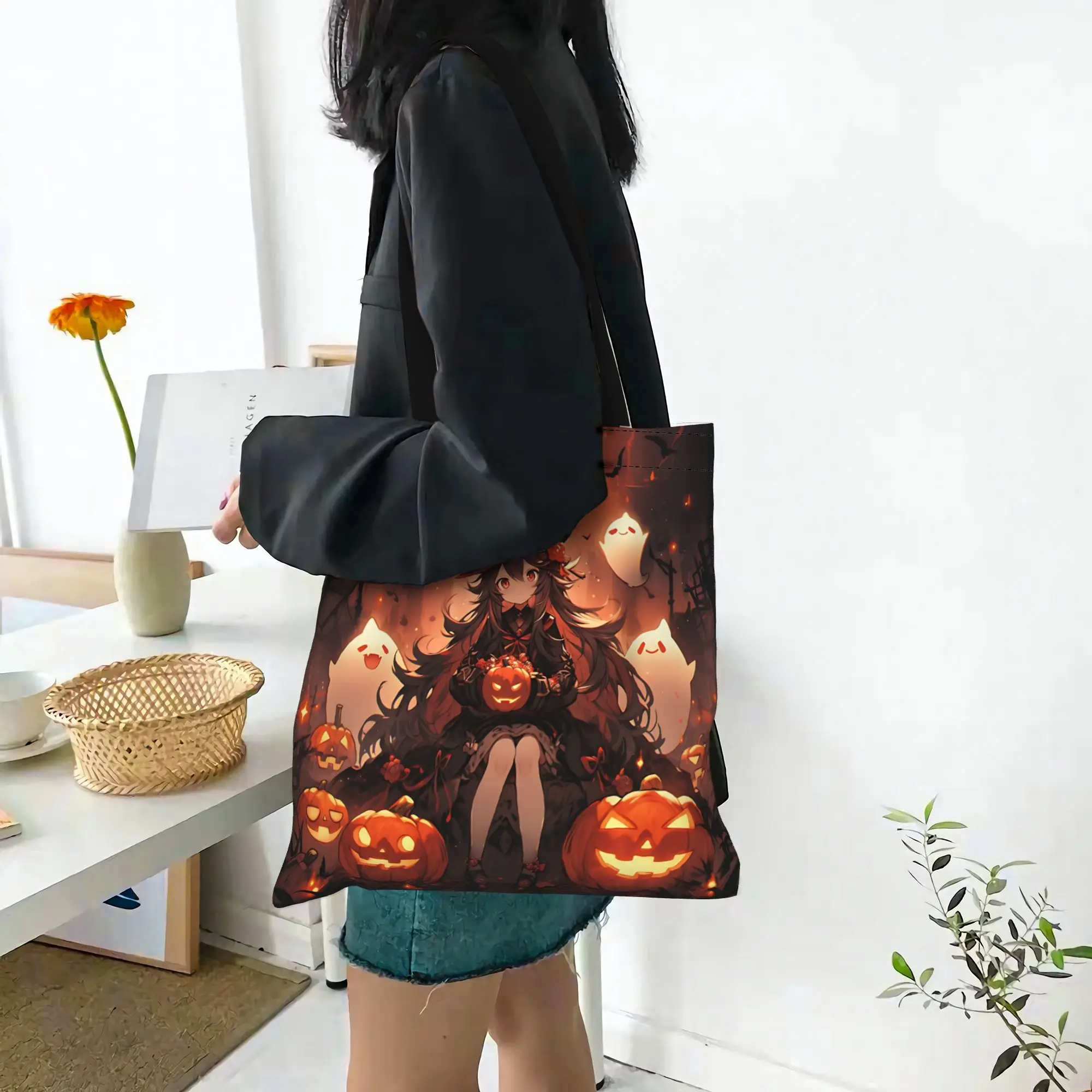 Customized Anime Witch Girl Pattern Women's Bag Shopping Bag Reusable Double Sided Canvas Tote Bag Shoulder  Handbag Its bags