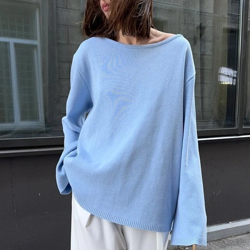 DemoRave Gestrickte Backless Pullover Frauen Sexy Elegante Lose Langarm Pullover Herbst Ästhetischen Casual Solide Strickwaren Weibliche