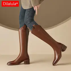 Dilalula 2025 Elegant Women Knee-High Boots Motorcycle Zipper Square Med Heels Genuine Leather Shoes Woman Size 34-39