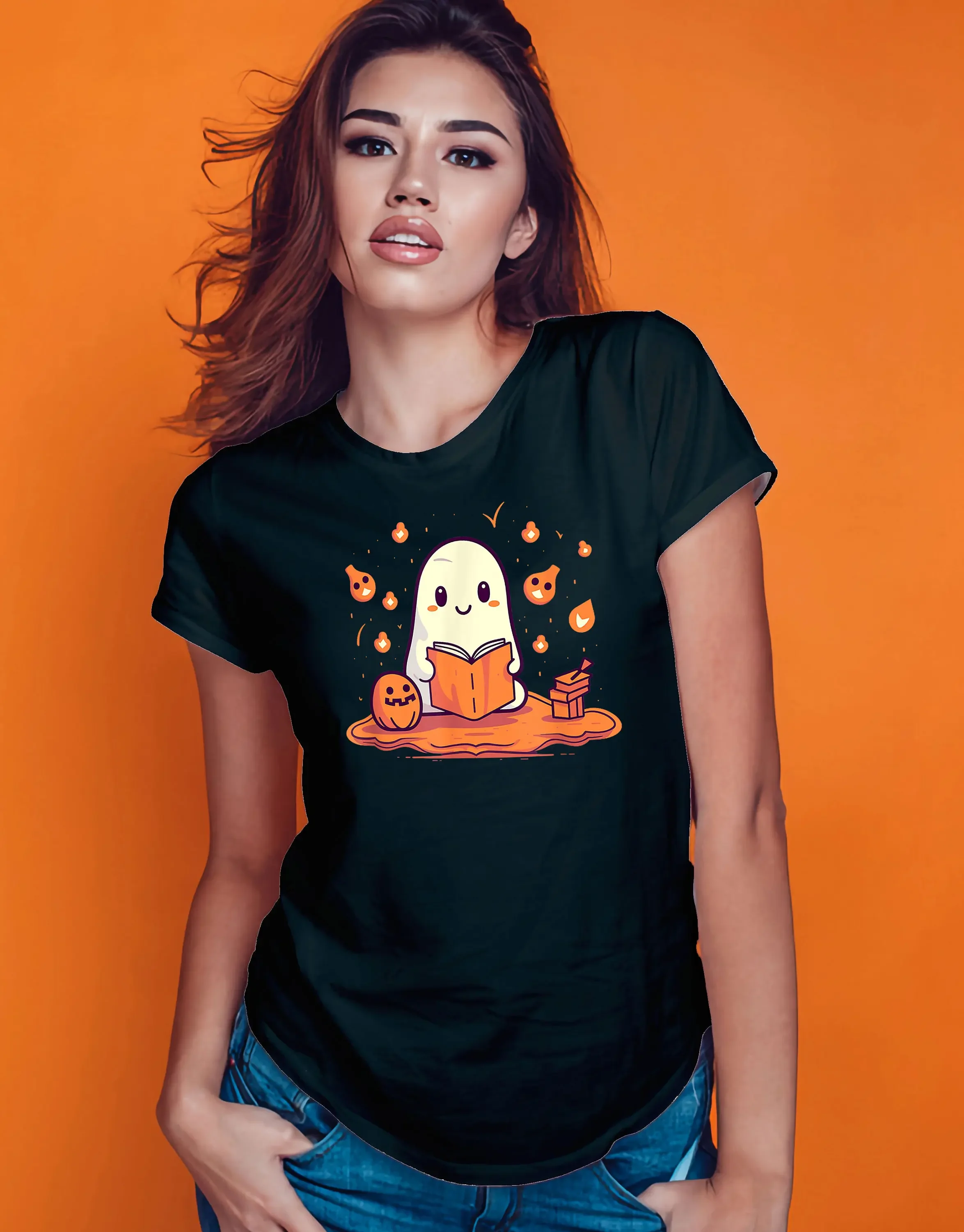 Adorable Ghost Reading Books T Shirt Halloween Spooky Season for Book Lovers Charming Reader