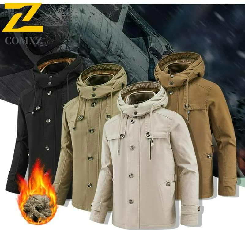 

Мужская парка для рыбалки и пешего туризма, зимняя куртка в стиле ретро, длинная хлопковая шерстяная подкладка, утолщенное теплое пальто со съемным капюшоном