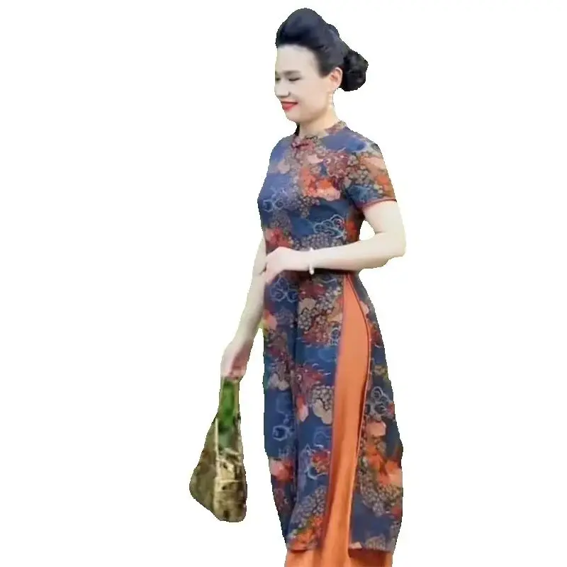 Women\'s Dress 2025 Summer Loose Ethnic Style Retro mom Outfit Improved Cheongsam Dress Print Medium Long A-line Skirt Commuting
