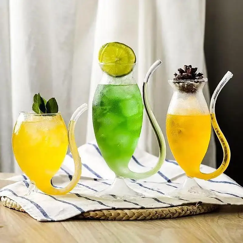 Clear Borosilicate Glass Cocktail Cups with Built-in Straw Durable Reusable Drinkware for New Year Parties Home Bar