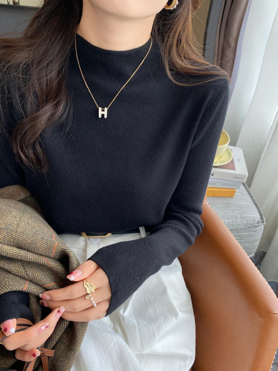 Pull tricoté femmes pulls nouveau à manches longues col montant blanc tricot pull haut pour femme chandails Sueters De Mujer Q997