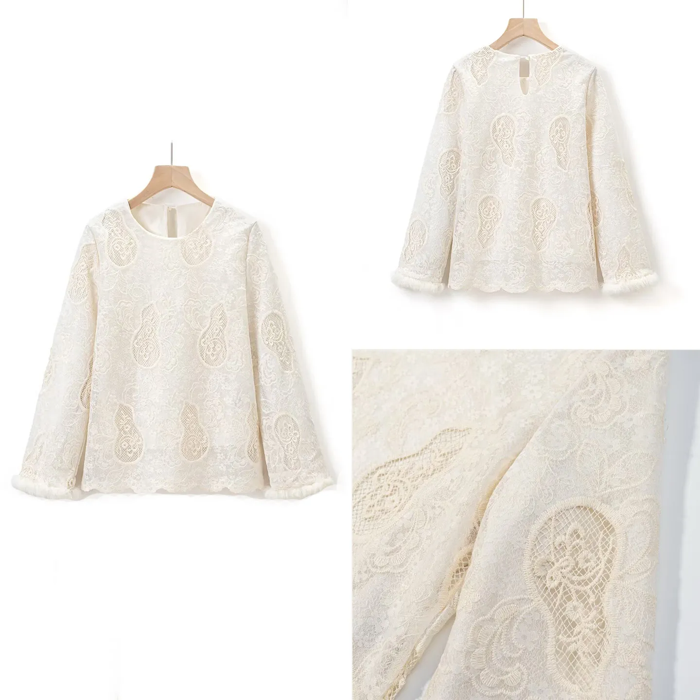 

2025 Winter New Sle Women's Retro Chinese Lace Hollow out Base Layer irt Top Layering Clothing Commute Sle Loose Fit