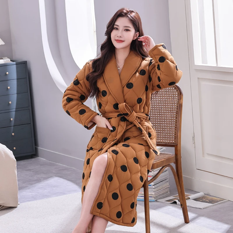 Bath Robe Women Winter Warm Cotton Quilted Women's Bathrobe Nightgown Kimono Floral Dressing Gown Sleepwear Female Home Clothes