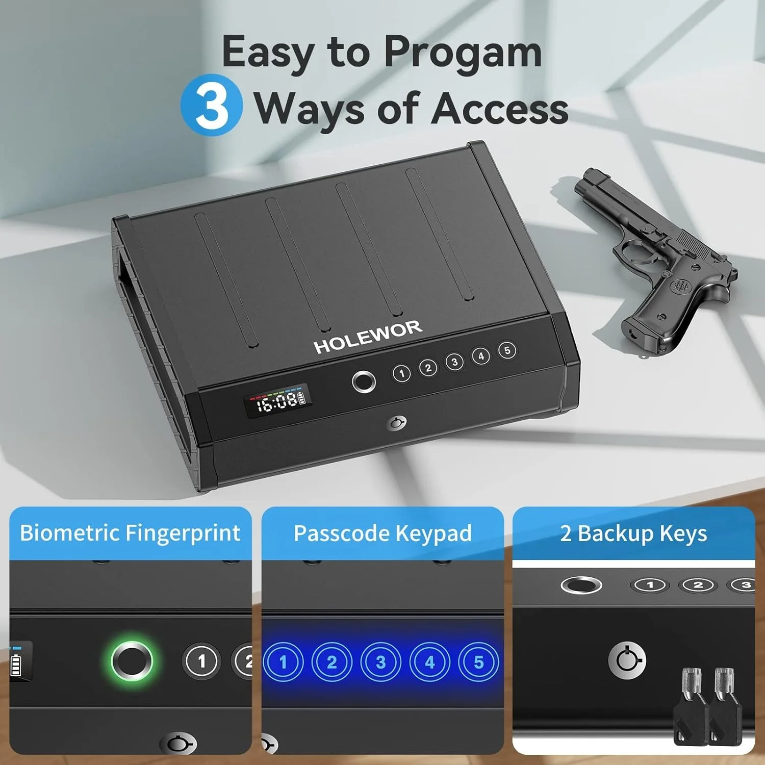 Steel Pistol Gun Safe Box With Screen High-security Anti-Theft Fingerprint Password Key Unlock Ammo Box Safe Security Box