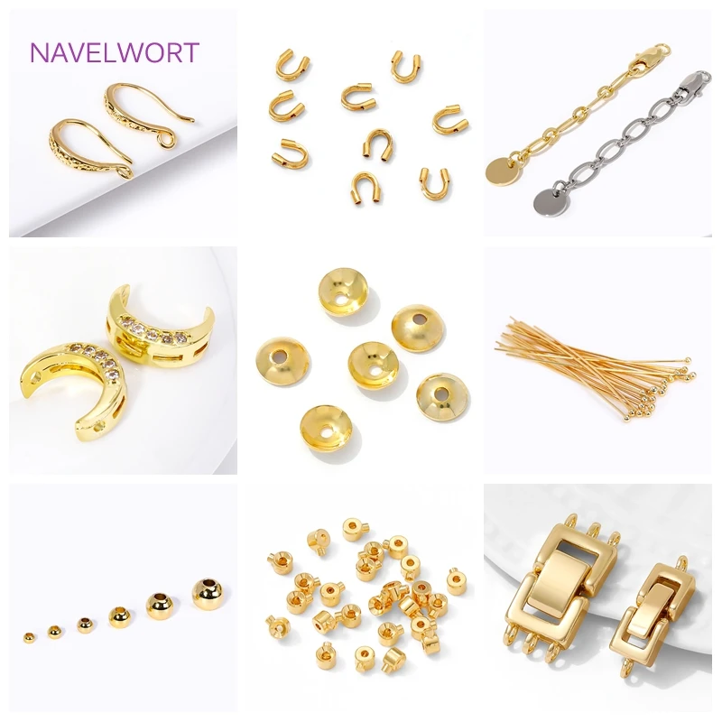 DIY Jewelry Making Findings 18K Gold Plated Extender Chains&Spacer Beads&Ends Caps&Pins,Brass Pearl Clasps,Jewelry Materials