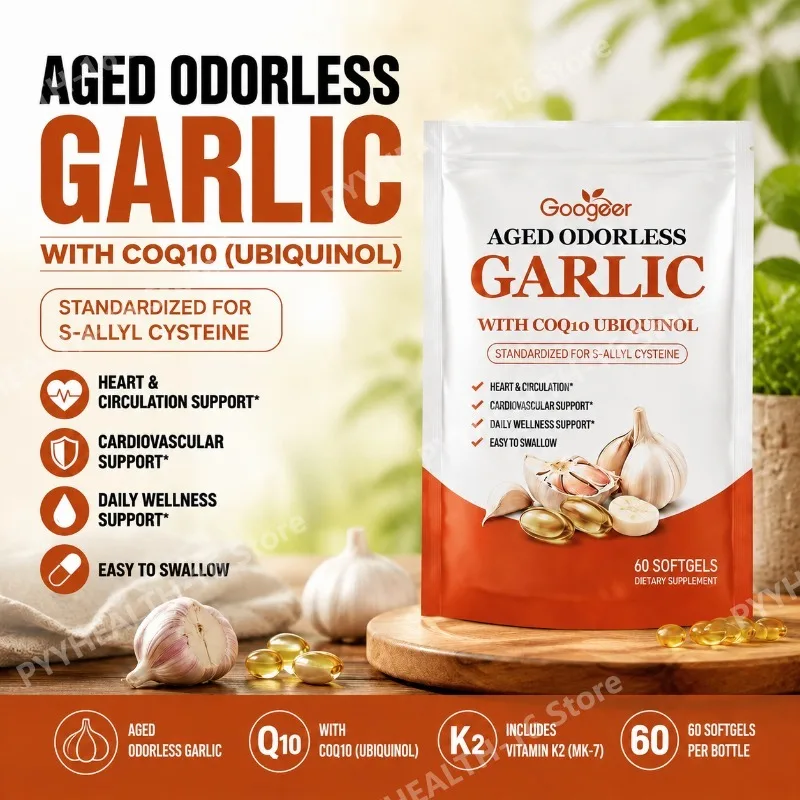 Aged Odorless Garlic Softgels with CoQ10 Ubiquinol & K2, Blood Pressure, Heart & Circulation Support, Cholesterol, 60 Softgels