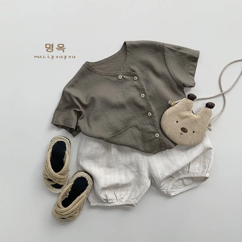 Spring Summer Children Shirts 1-8Y Boys Linen Solid Button Pocket Casual Short Sleeve Tops Korean Toddler Wear Kids Clothing New