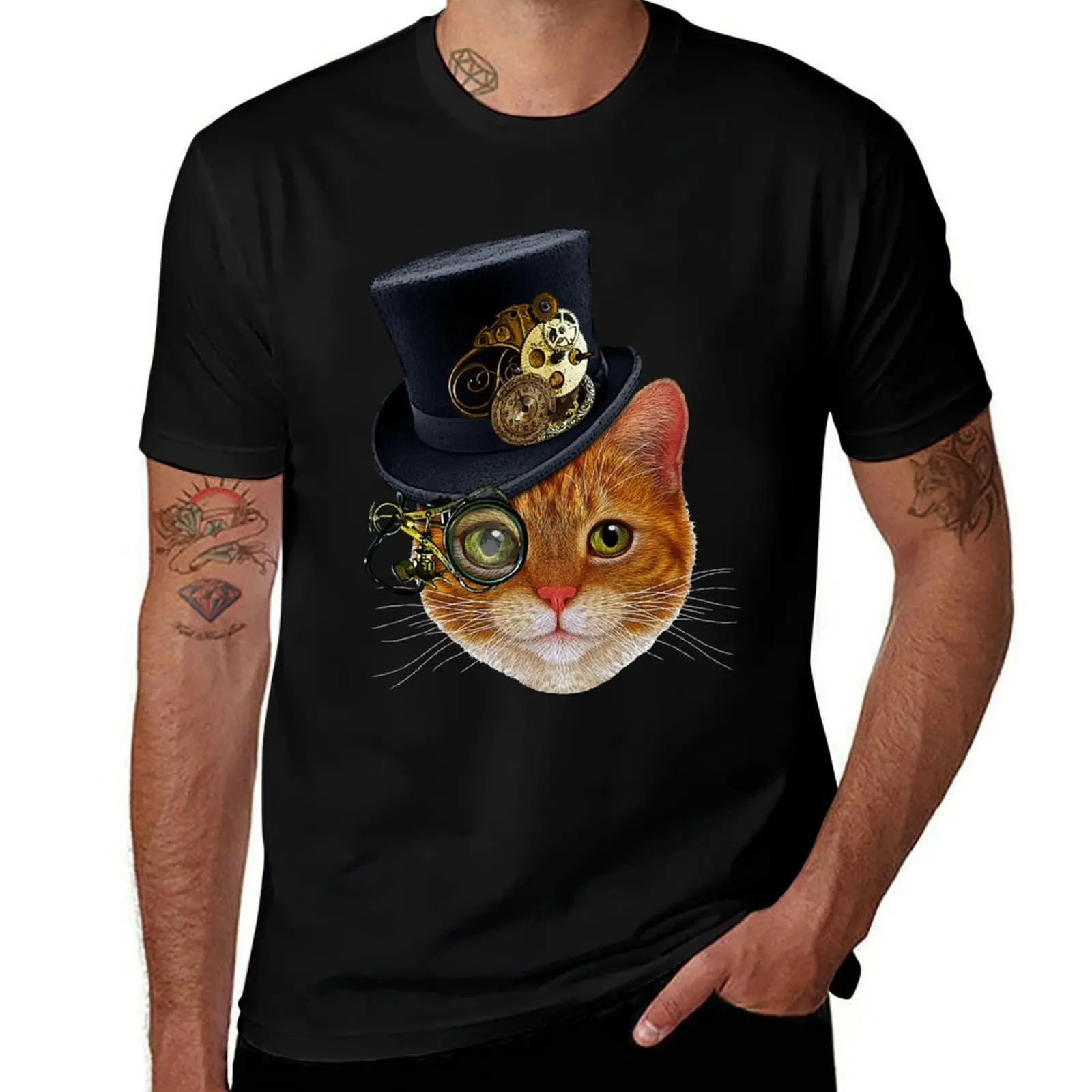 

T-Shirt Orange Hat Cat and with plain t-shirt t Steampunk cotton black for man Monocle shirt for man package