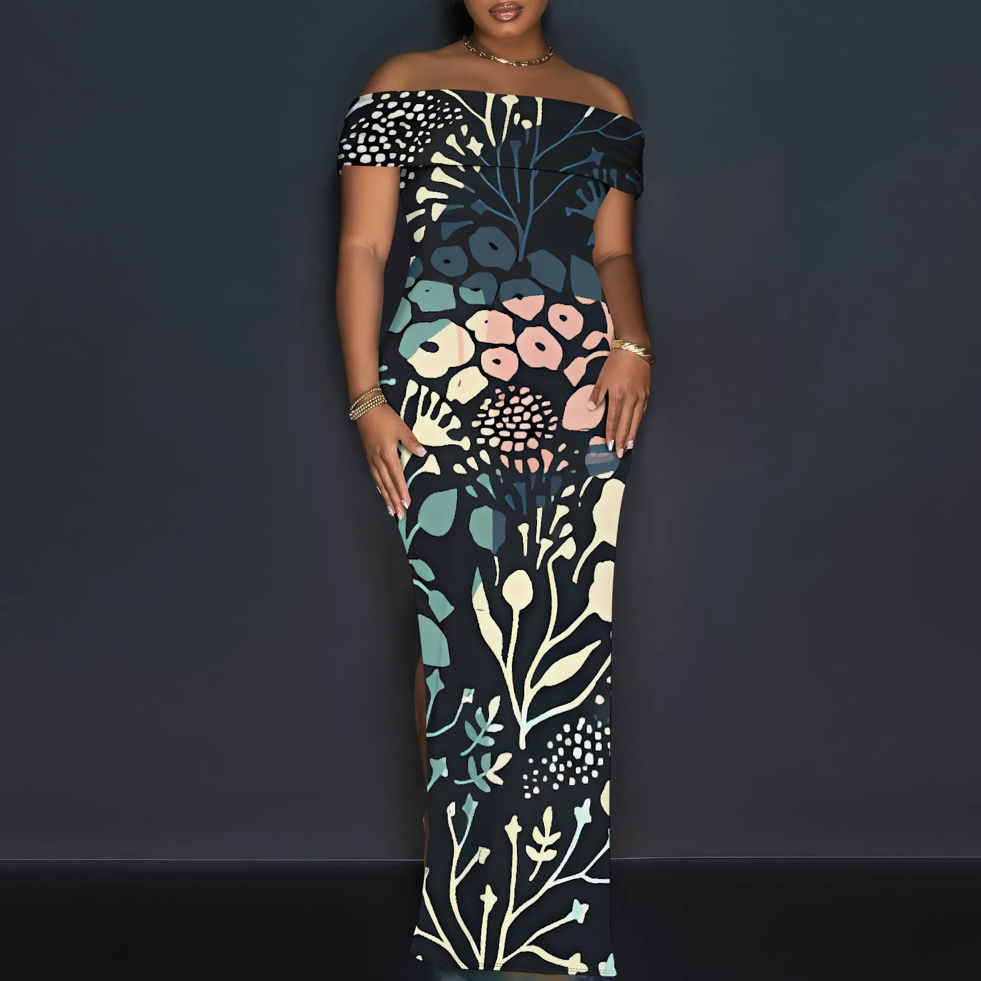 

Stylish Off-Shoulder Maxi Dress with Vibrant Floral Print - Plus Size Dress for Summer