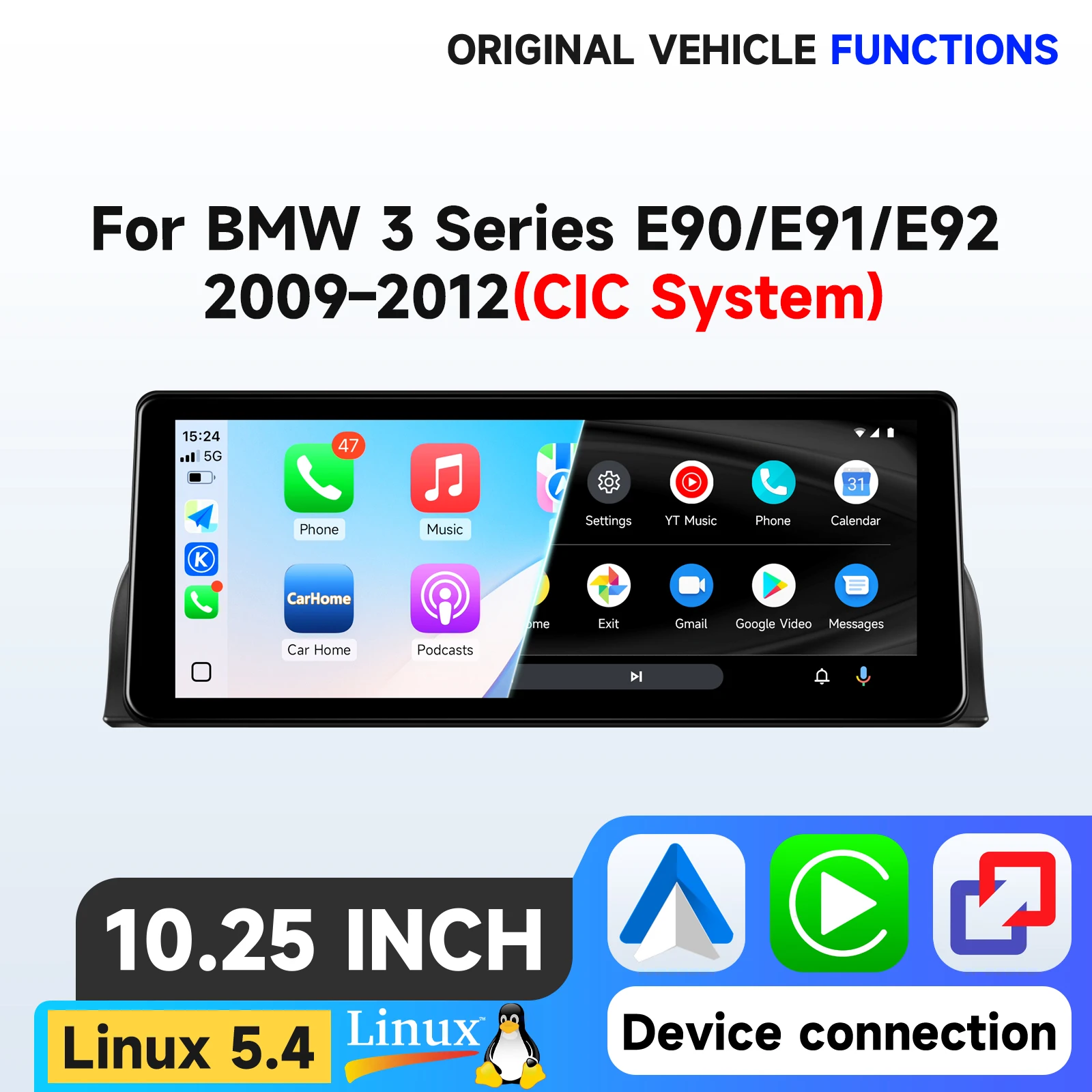 Hizpo 12.3'' Draadloos CarPlay Android Auto Multimedia Scherm voor BMW 3 Serie E90/E91/E92 2009-2012 CIC Touch Display Airplay Autoradio Speler Stereo GPS Navigatie Audio Originele Auto CD Speler