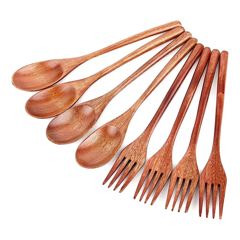 

8Pcs Wooden Spoons Forks Set, Japanese Style Wooden Utensil Set, Handmade Kitchen Spoon, Reusable Travel Flatware Set