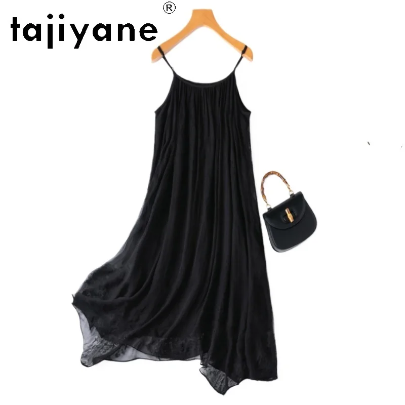 

TAJIYANE 100% Mulberry Silk Long Dresses Woman Summer 2025 Fashion Black Spaghetti Strap Dress Party Frocks Ladies Clothes 원피스