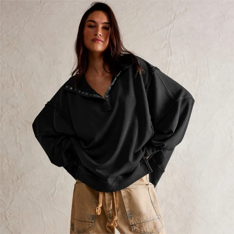Frau Herbst Einfarbig Sweatshirt Mode Flip Kragen Lange Ärmel Der Saum Ist Unregelmäßige Hoodie Damen Elegante Taste Tops