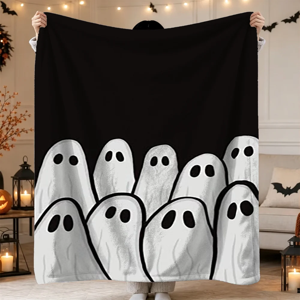 Halloween Ghost Print Blanket Black White Cute Spirit Pattern Soft Fleece Throw for Home Decor Festival Party Bed Sofa Cover