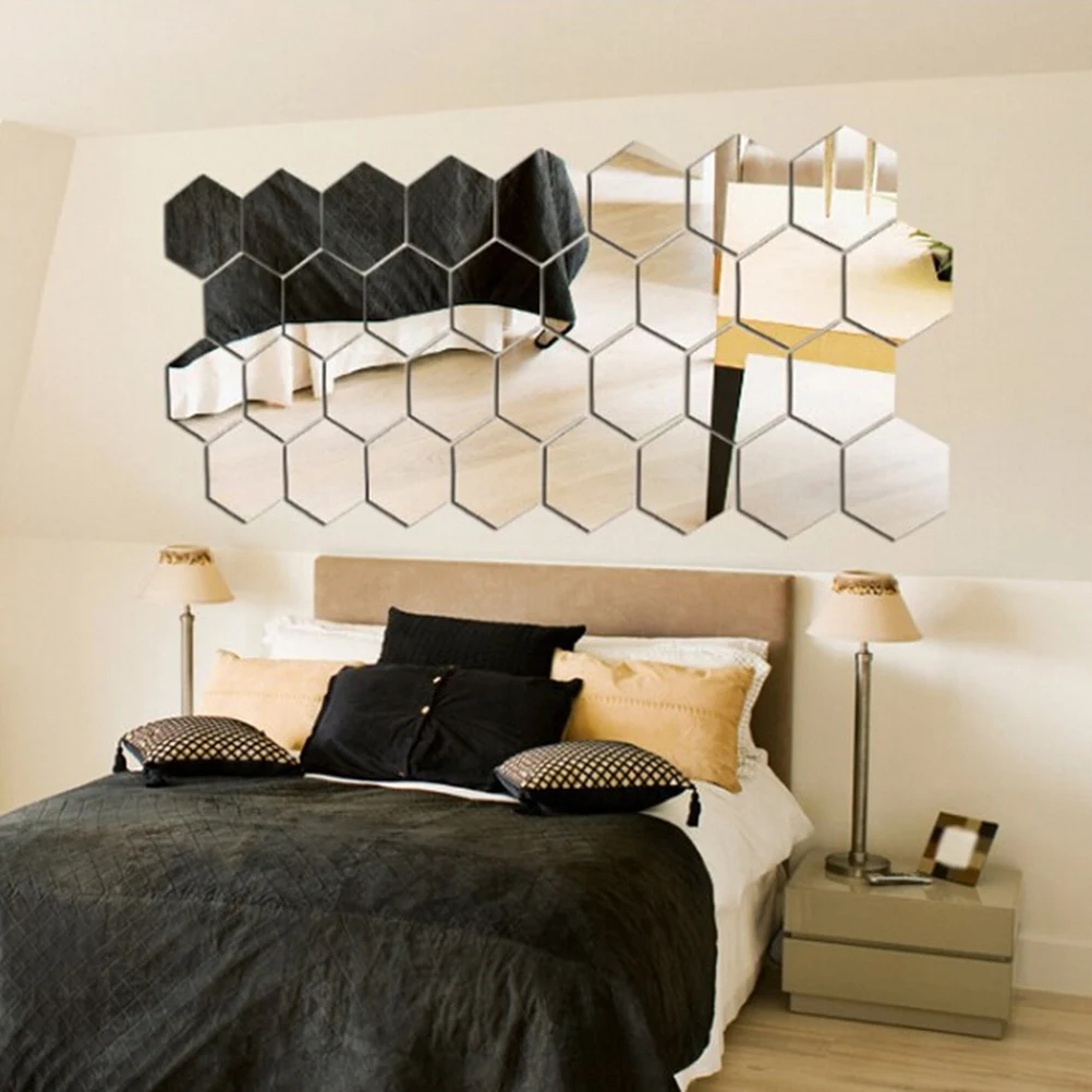 3D 12Pcs Hexagon Acrylic Mirror Wall Stickers DIY Art Wall Decor Stickers Home Decor Living Room Mirrored Decorative Sticker