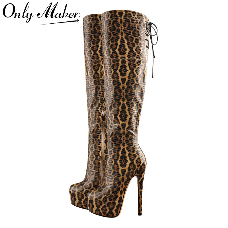 Onlymaker Women Platform Over The Knee High Boots Leopard Print Zip Thin High Heel Stretch Woman Big Size Stiletto Sexy