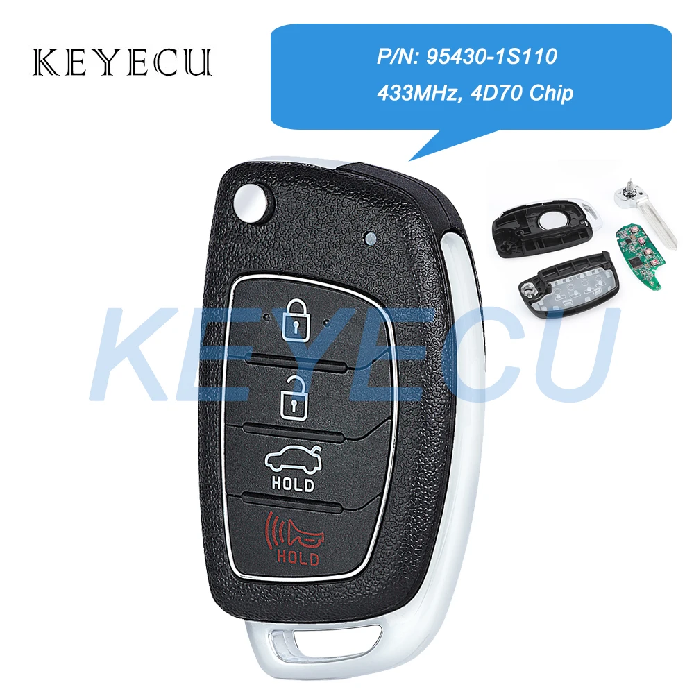 Keyecu 95430-1S110 433MHz 4D70 Chip With HYN14R Blade OEM Board Flip Remote Car Key Fob For Hyundai HB20 2016 2017 2018 2019