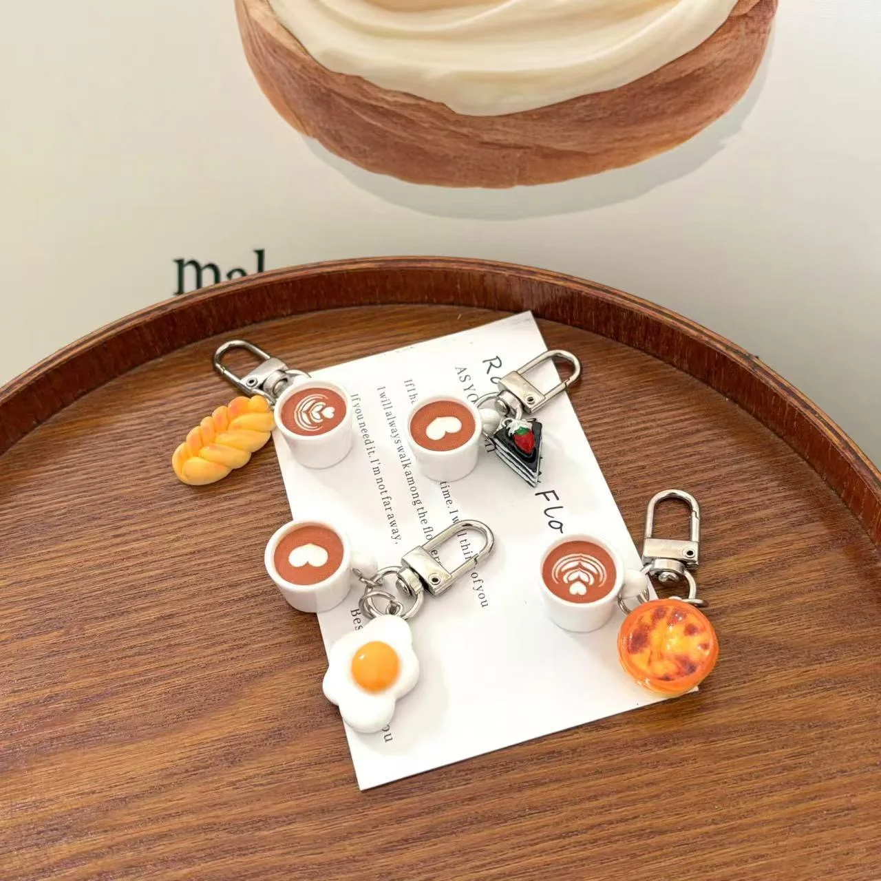 Creative Mini Coffee Cup Keychain Cartoon Food Cake Egg Tart Bread Keyring Backpack Pendant Car Accessories Children Toy Gift