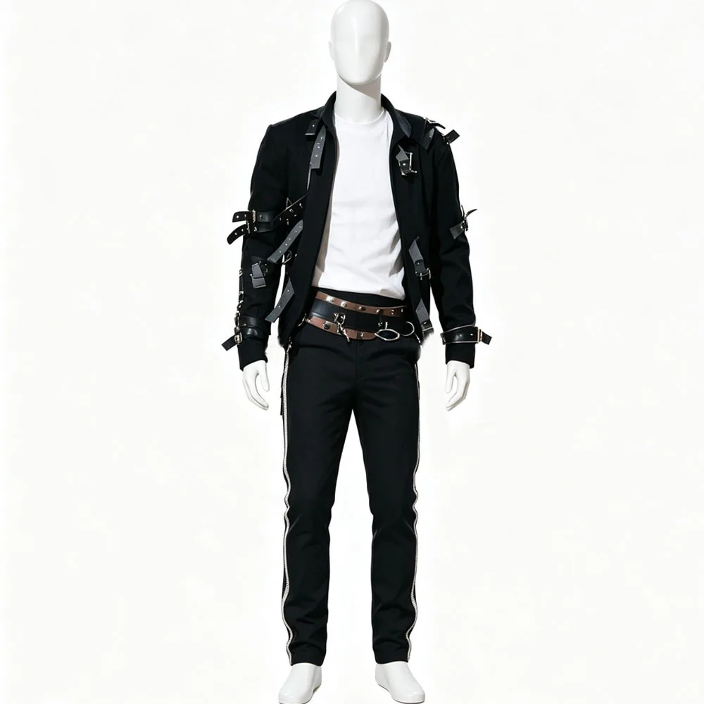 Men Punk Stage Costume Set Black Strap Decor Jacket Striped Pants Waist Belt Halloween Carnival Cosplay Suit for Performance