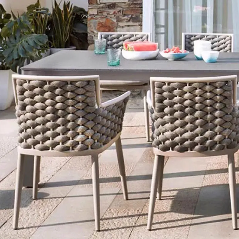 High End Outdoor Leisure Table and Chair Set Waterproof Sunproof Woven Chair Luxury Slate Top Dining Furniture Villa Courtyard
