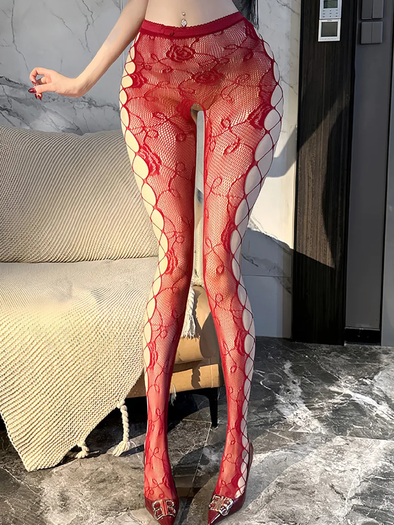 

Sexy Fishnet Solid Color Flower Print Pantyhose With Side Mesh Rose Sexy Hollow Out Pantyhose Nightclub Wear Charming Fiery 7WSV