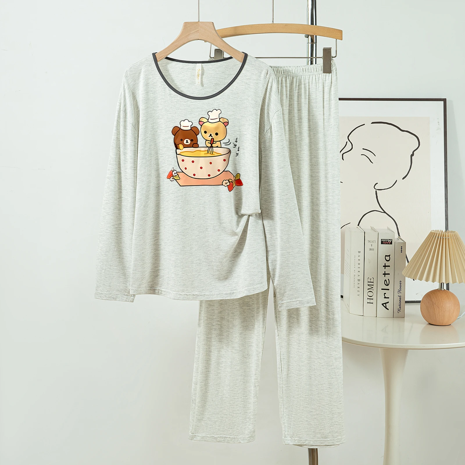 

5181-269 Casual and Comfortable Modal Cotton Pajamas for Women, New Spring and Autumn Long-Sleeved Long Pants Solid Color Casual