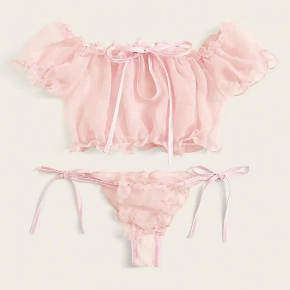 Women Side TieBra Briefs Set Jacquard Lace Bowknot Short Sleeve Bra Low-rise Lace Thong Set Sweet Style Women Bra Briefs Set image 5