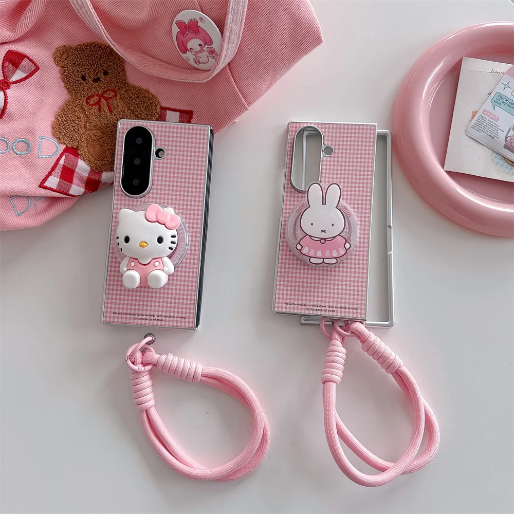 

Korea INS Fashion Plaid Magnetic Phone Case with Magsafe 3D Rabbit Kitty Stand for Samsung Galaxy Z Fold7 zfold5 4 ZFold6 5 Case