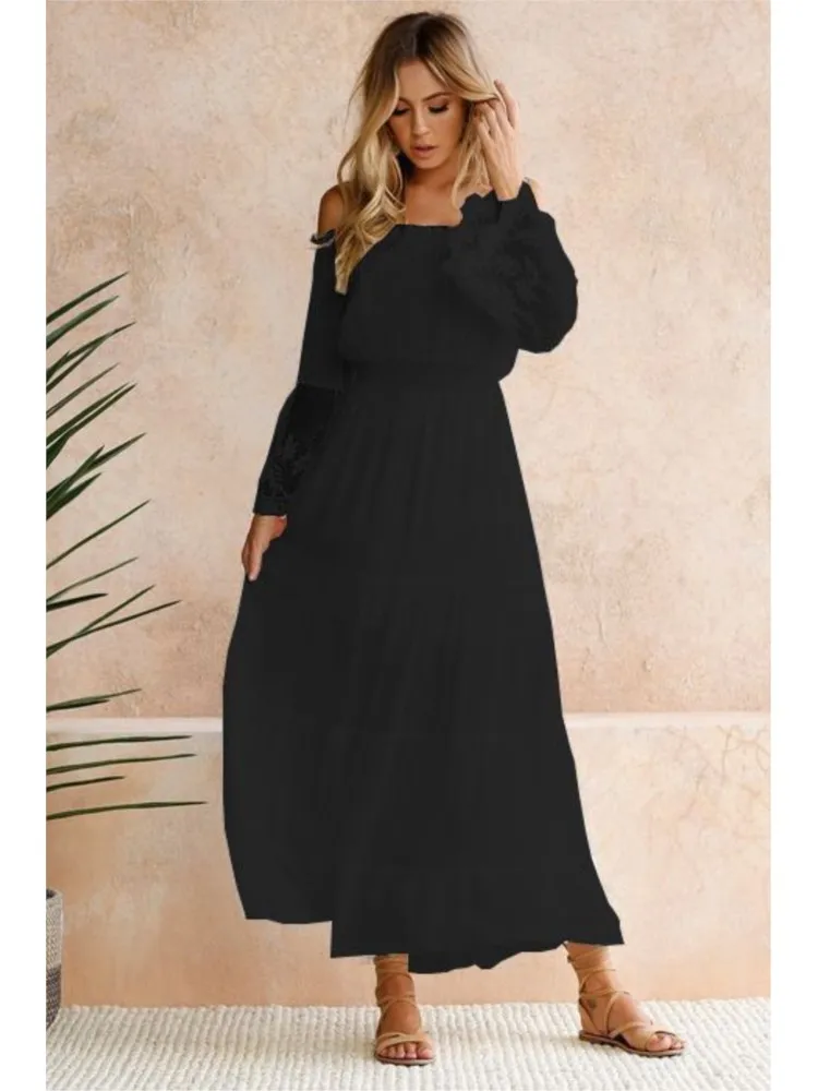 فستان صيفي أنيق بلون واحد للنساء فساتين بوهيمية مثيرة بدون حمالات للخريف من الدانتيل على طراز عطلة الشاطئ على شكل حرف a فساتين للسيدات #2