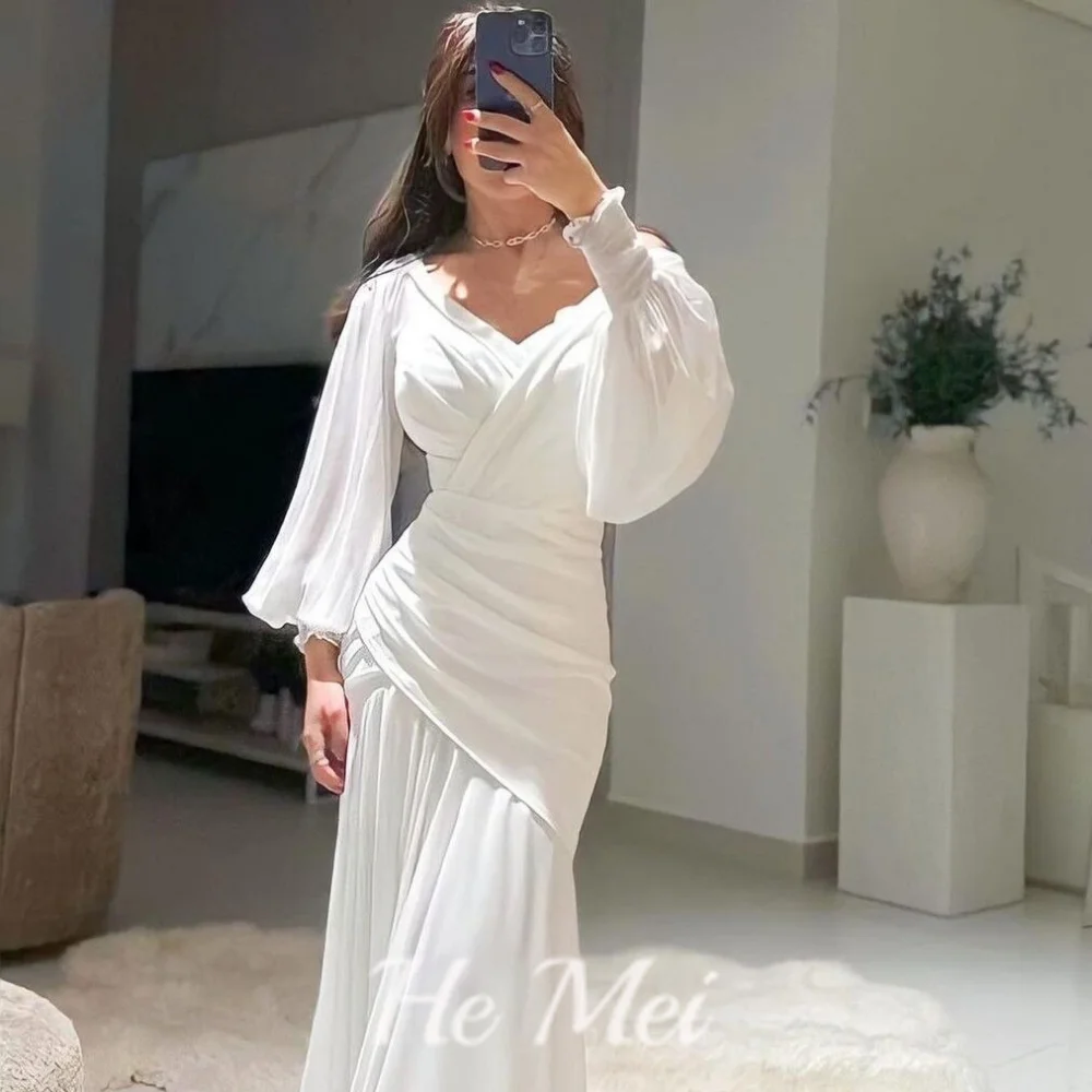 Elegant Prom Dress For Women Simple V Neck Lantern Sleeve Evening Gowns Mermaid Floor Length Party Dresses فساتين سهرة