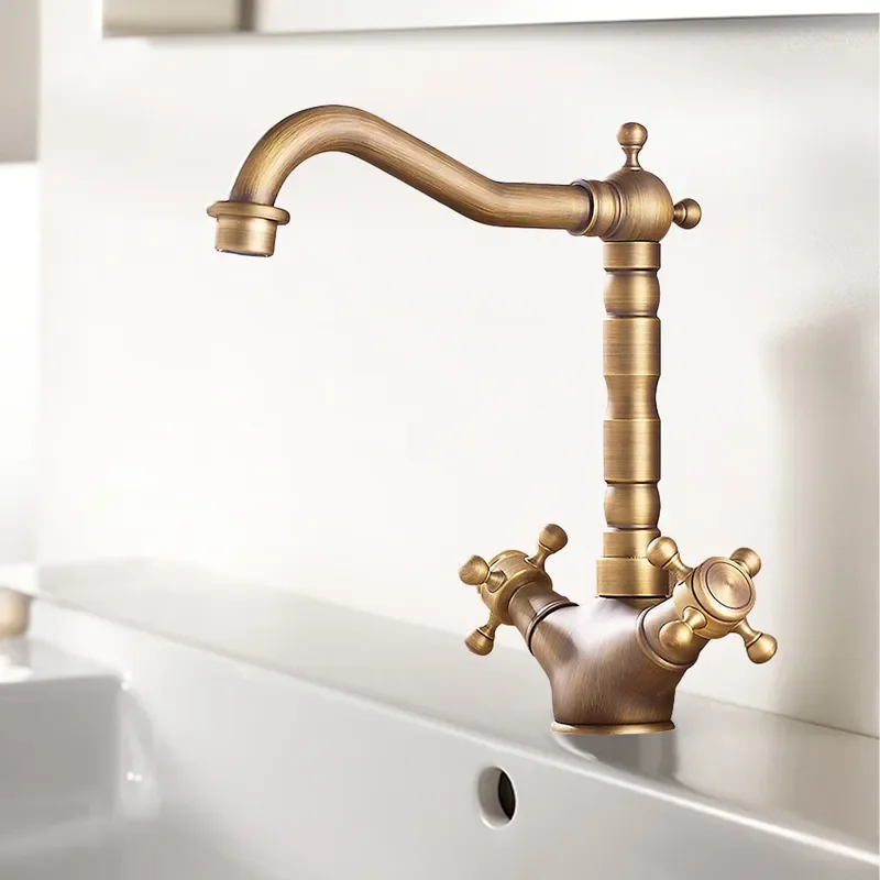 Brass Gold Bathroom Basin Faucet, Retro Double‑Handle Single‑Hole Hot & Cold Water Mixer Tap For Manufacturer Wholesale Bathroom