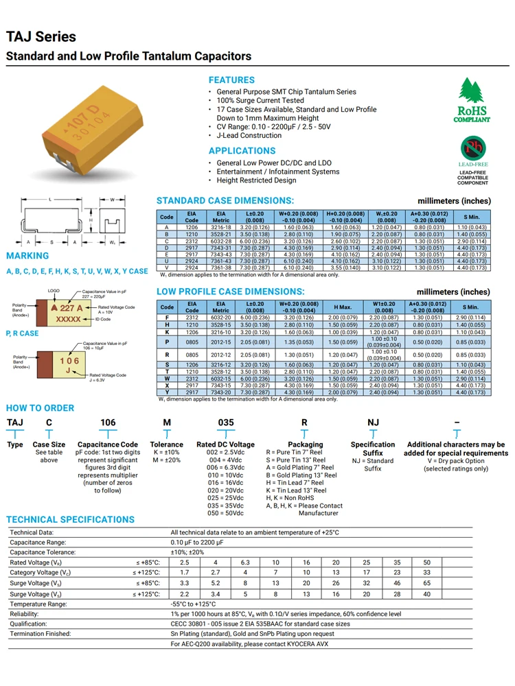 TAJB106K016RNJ 3528(1210) type B 16V 10UF, 10 pièces, puzzles au tantale standard et à profil bas