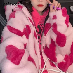 2023 Autumn Winter Women Kawaii Sweet Oversize Streetwear Fleece Hooded Jacket Y2K Casual Long Sleeve Warm Zipper Outerwear Coat