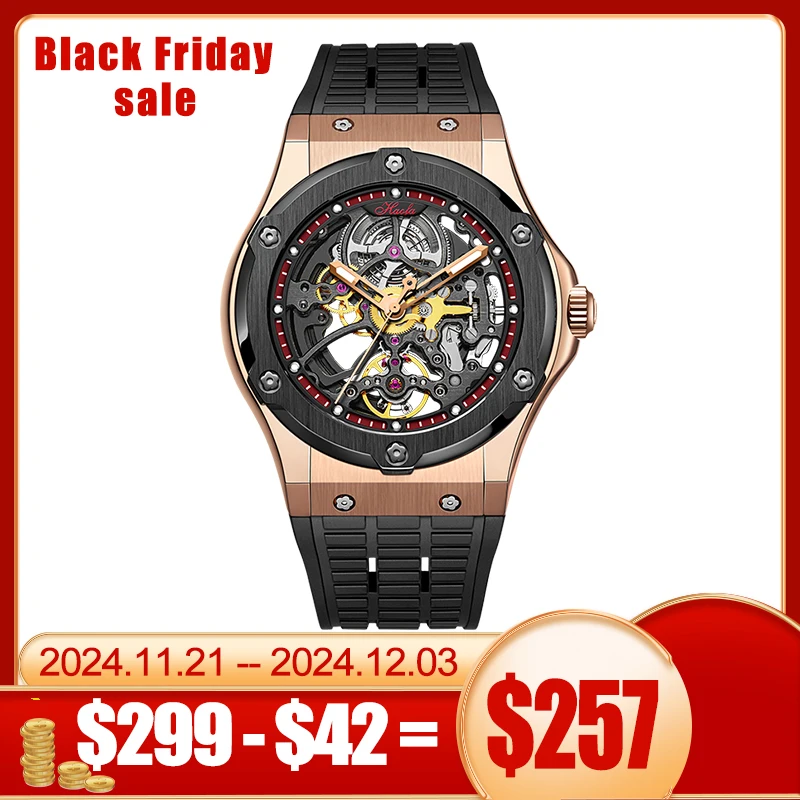 Haofa Skeleton Automatic Mechanical Watch for Men Hollow Sapphire Luminous Mens Watch Luxury Waterproof Business Casual Men 1913