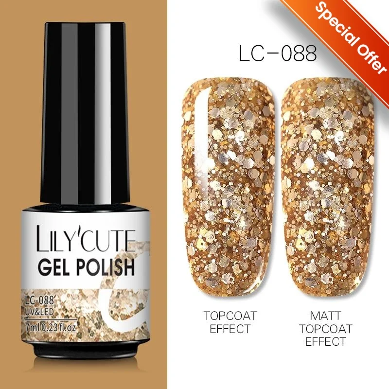 LILYCUTE 7 ml Glitzer-Gel-Nagellack, Glitzer-Pailletten, Nagelgel, Soak Off UV-LED-Pulver, DIY semi-permanente Maniküre, Nagelkunst-Versorgung