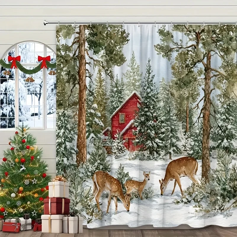 A Forest Reindeer Pattern Printed Shower Curtain, Suitable for Holiday Bathroom Decoration, Toilet Shower Curtain, Windows And B